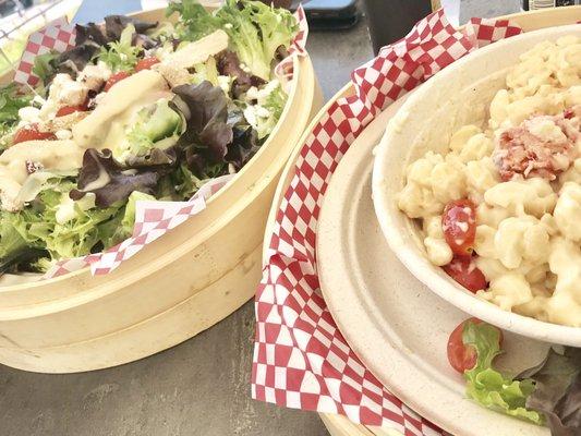 Beet salad, mac and cheese with lobster