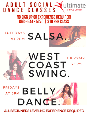 Adult Dance Classes Salsa, West Coast Swing & Belly Dance! No experience needed! Only $10 per class