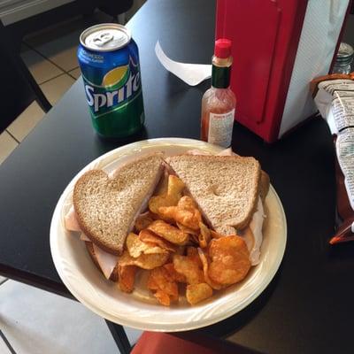 Plain turkey sandwich w/bbq chips & sprite.