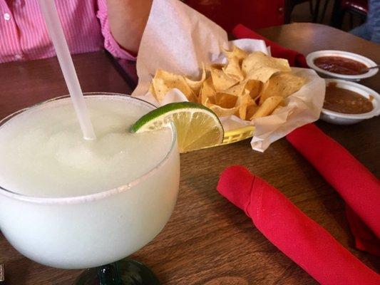 Frozen Margarita, chips, salsa/bean dip