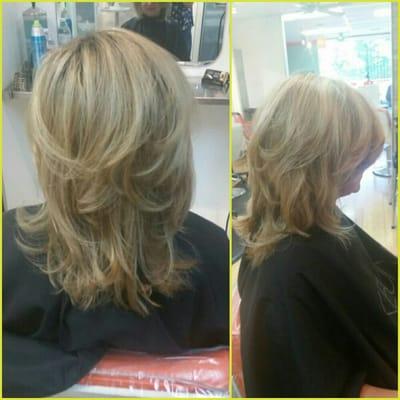 Blow dry done with volume and slight curl to add body and fullness.