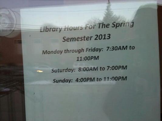 Library Hours for the SPRING SEMESTER 2013 At Bloomfield College in Bloomfield NJ.n