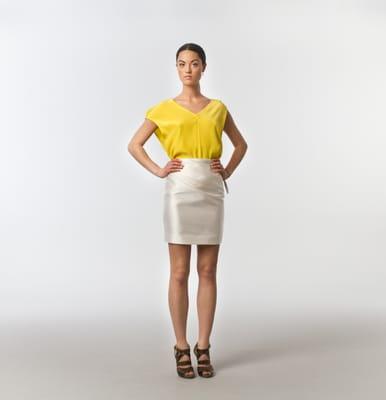 Silk top and silk/wool pencil skirt with side pleats