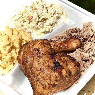 Combo dinner with chicken, chopped brisket, mac n cheese, and coleslaw