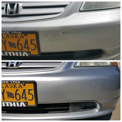 My Honda Civic when I hit the tailgate (top), and after it came out of the shop (bottom). These guys did an amazing job.