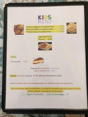 Kids menu