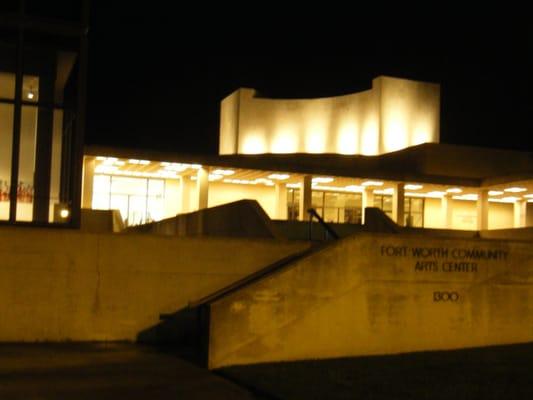 The Fort Worth Community Arts Center at night after a play.