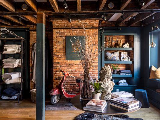 Interior of Portland Maine based Evangeline Linens first ever brick and mortar. Located in the second-oldest building in the Old Port.