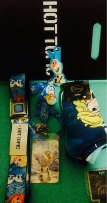 "Frozen" seatbelt buckle belt, "Frozen" socks, Olaf car sticker, Olaf  lanyard with ID holder, and two Olaf buttons