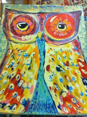 I was inspired to paint the owl.  I had so many colors to choose from and was encouraged to paint freely and loved every minute.