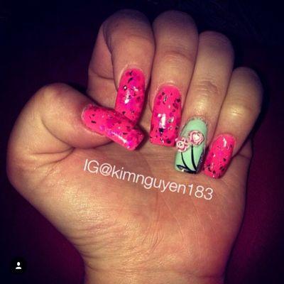 Pink square nails with flower design