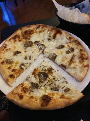 White pizza sausage and onions