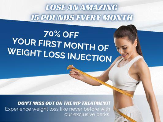 Our Weight Loss Plan Comes With Awesome Benefits 
70% Off Your First Month Of Weight Loss Injection