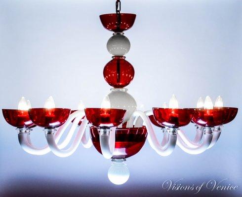 Murano Glass Chandelier Red and White