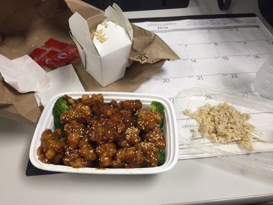 General Tso chicken with brown rice