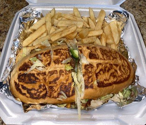 Beef fajita torta with pico and french fries