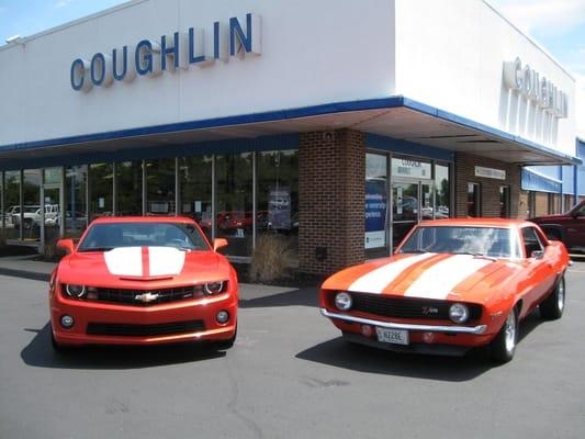 Old and New Chevrolet Camaros at Coughlin Cars of Newark.