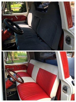 Took my old tired grey seat and turned it into a classic! Notice the old seat had head-rests...he gave me a clean look for sure!