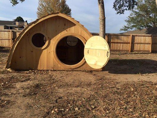 Our outside Hobbit house for the children to play in.