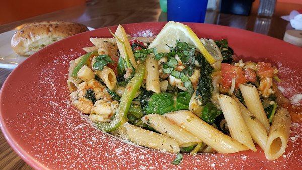 Pasta Primavera with grilled shrimp