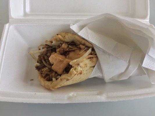 A delicious steak pita. That chipotle sauce is amazing.