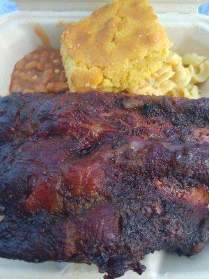 Post Oak Smoked Beef Ribs with baked beans, Mac 'n cheese and cornbread