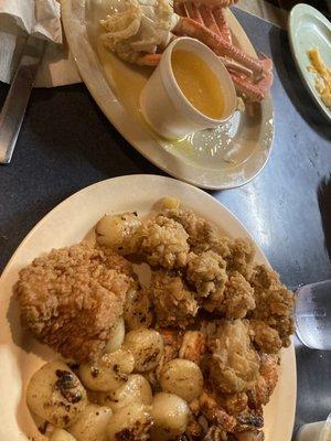 Pick four: grilled scallops, grilled shrimp, fried oysters and crablegs