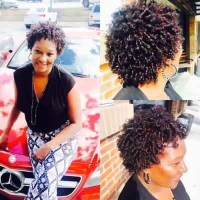 Flexi Rods on natural hair. Highlighted with Matrix colors to add vibrant sheen to the curls