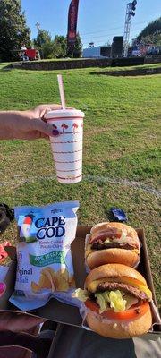 Excellent burger, with chips and a drink.  Free!