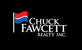 Image description: Chuck Fawcett Realty logo. Red and blue flag to the left of words that read "Chuck Fawcett Realty Inc."