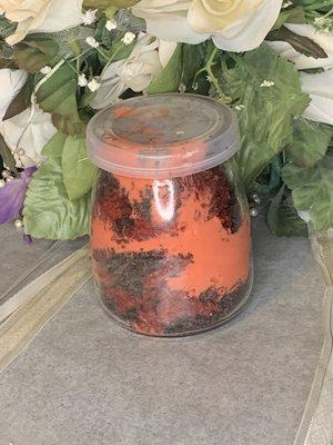 Red Oreo.  Red velvet cake, red cream cheese and Oreos in a keepsake jar.