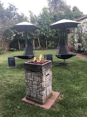 Moon chairs and backyard fire