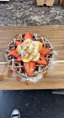 Chocolate waffle w/ strawberry, banana, whip cream and Carmel drizzle