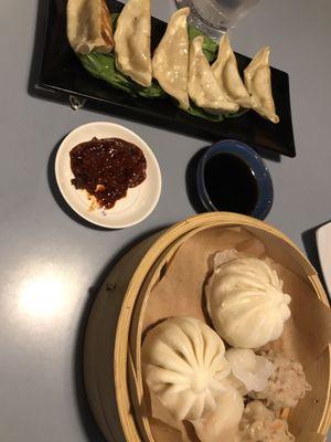 Gyoza and Dim Sum sample, Gyoza was cooked just right. Dim Sum sample was a little over cooked. Both were still delicious