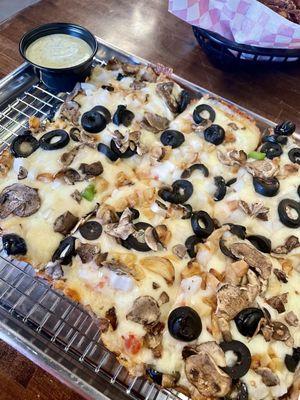 Classic w/ black olives, onions, mushrooms, and roasted garlic