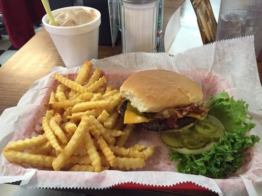 Special - small shake, bbq bacon cheeseburger and fries, $11.99. Burger was overdone, but shake was thick and tasty.