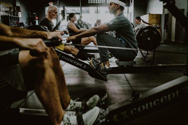 CrossFit group class rowing