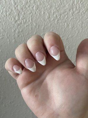 These are the "almond shape" (bugle in my opinion) nails before I fixed them myself into