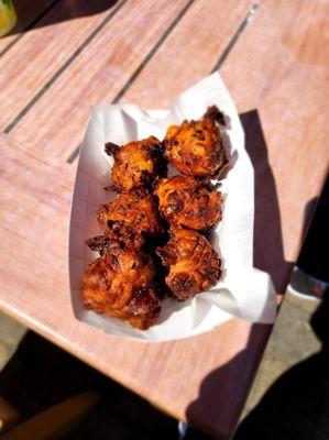 Clam (fritters) cakes. More like ONION FRITTERS so gross. Had huge chunks of onion and no clams to be found. Also burnt