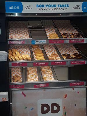 The full stock of donuts available at 1:50pm on a Friday.