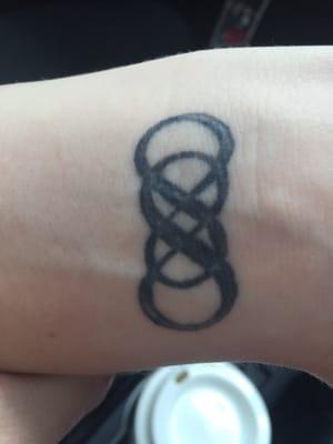 1 year after we got our tattoos done and it looks like this. Location is on the wrist, tattoo was done by the owner. I don't suggest them.