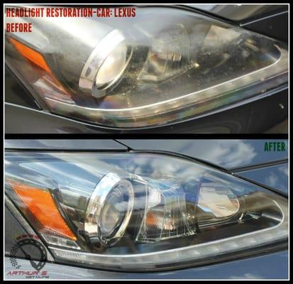 Arthur's Detailing headlight restoration Lexus (Before top, after bottom).