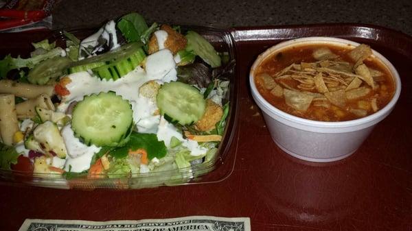 1 pound salad and an eight ounce cup homemade tortilla soup $3.98 with tax. Great value.