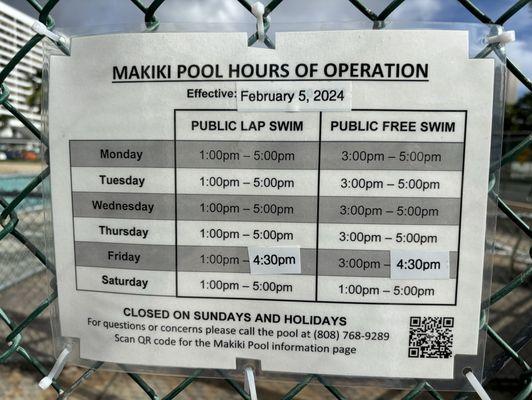 Makiki Pool hours, effective Feb 5, 2024