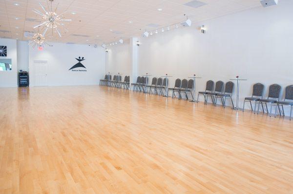 The cushioned, fully floating, solid hardwood dance floor was manufactured in Europe.