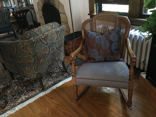 Tony and Rico also reupholstered my favorite rocking chair with fabric I bought to coordinate with my living room.