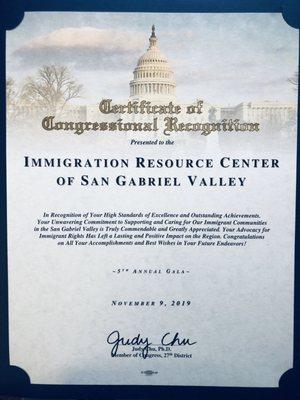 Certificate of Congressional Recognition