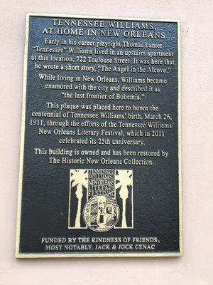 Plaque at 722 Toulouse Street-former Tennessee Williams residence....