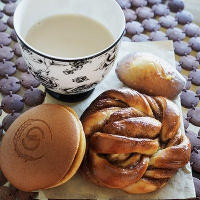 From left to right - Orange Chocolate Dorayaki, Cinnamon Roll, and Madeline.