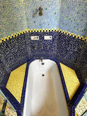 This bathroom was connected to the one bedroom located  on the outside patio. Every bit of it has mosaic tile, a labor of love doing this